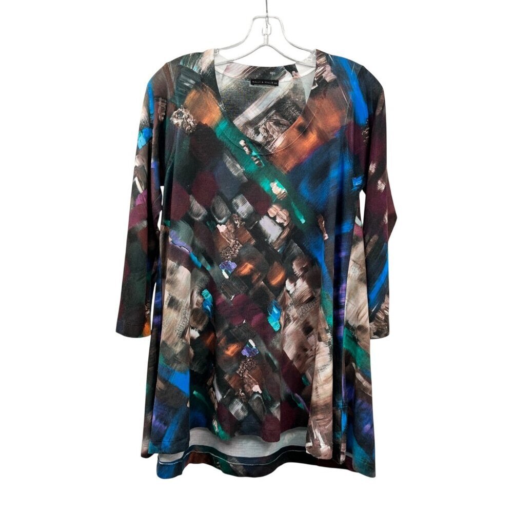 Nally & Millie Womens Colorful Print Pullover Top 3/4 Sleeve Size Medium